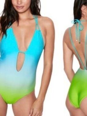 NEW Victorias Secret Medium Strappy V-Plunge One Piece Green Blue Ombre Swimsuit